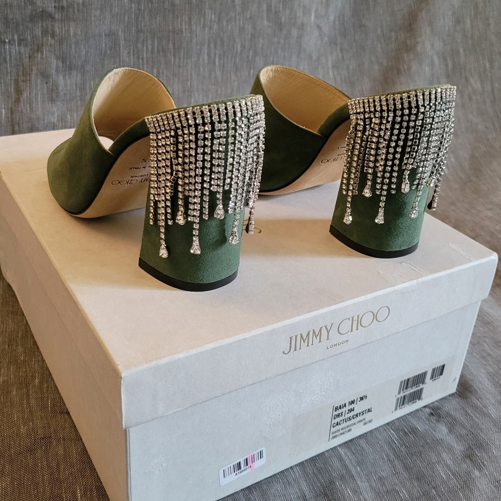 New Jimmy Choo Crystal Rhinestones Suede Mules Block Sandals Size 6.5/7. - Picture 4 of 12